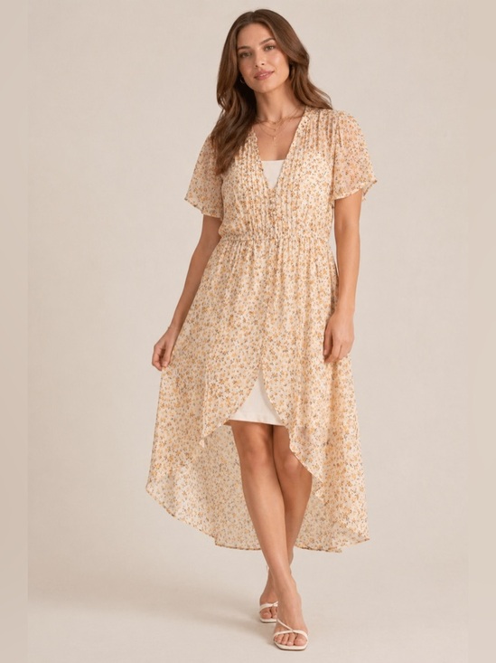 torrid Dresses & Skirts - Torrid Floral High-Low Sheer Midi Dress in Soft Cream Yellow Floral Print Size 1